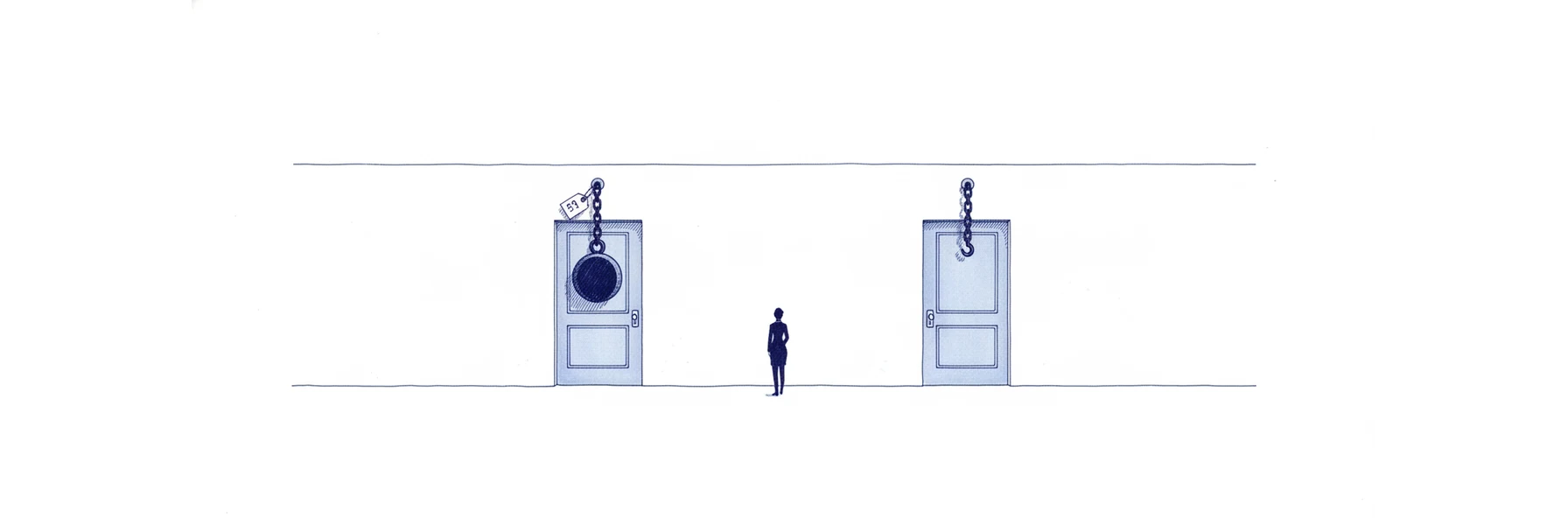 Blue ink illustration: a small figure faces two identical doors in a wall, a heavy iron weight hanging poised over one threshold on a chain tagged 59, the chain over the other door bare and empty.