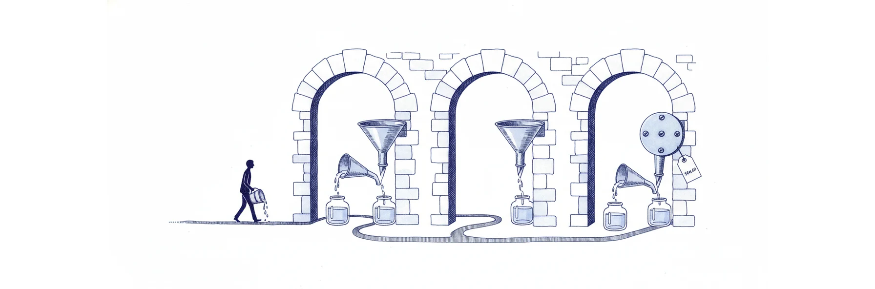 Blue ink illustration: a small figure carries a full pail under three stone arches, the first two fitted with funnels siphoning into side jars, the third funnel bolted shut and tagged SEALED.