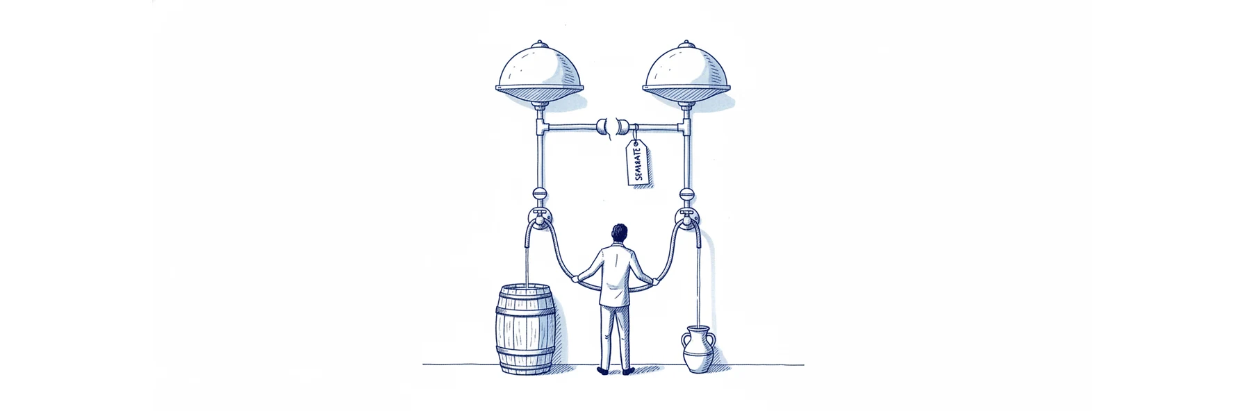 Blue ink illustration: a small figure fills a large barrel and a small jug from two hoses fed by two separate cisterns, the pipe between them cut and capped, tagged SEPARATE.